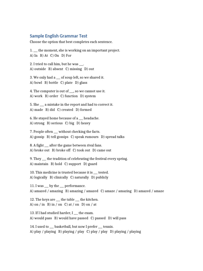 English Grammar Sample Test | PDF