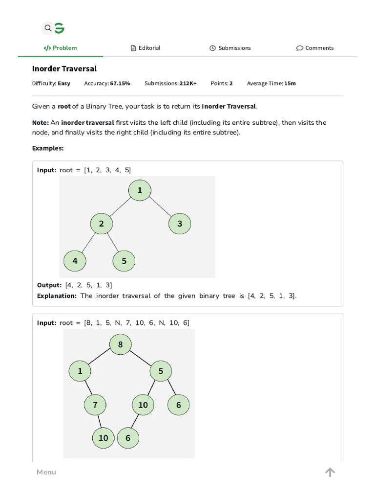 Inorder Traversal _ Practice _ GeeksforGeeks | PDF