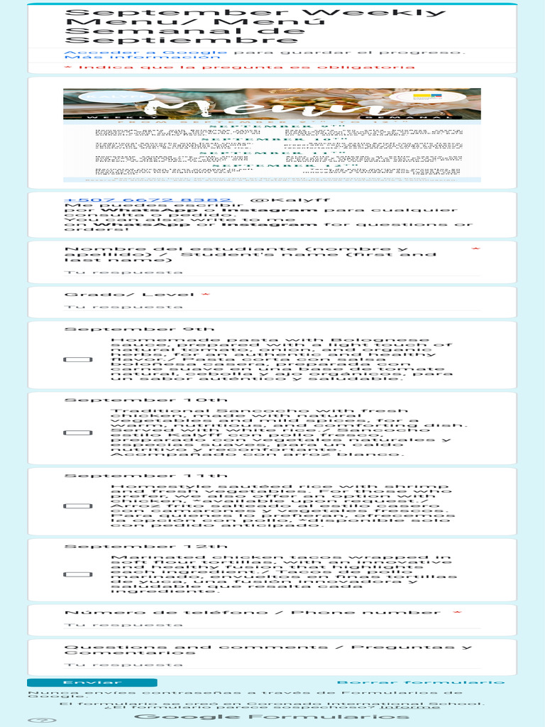 September Weekly Menu Menú Semanal de Septiembre | PDF