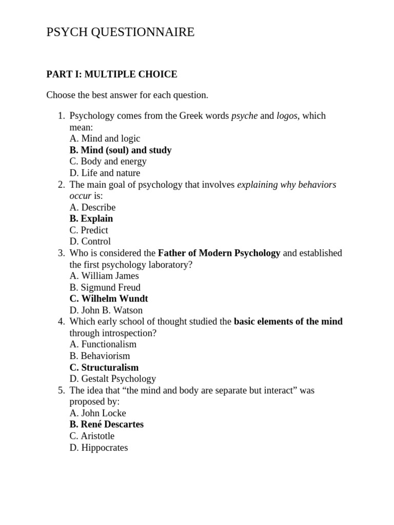 PSYCH QUESTIONNAIRE | PDF | Psychology | Mind