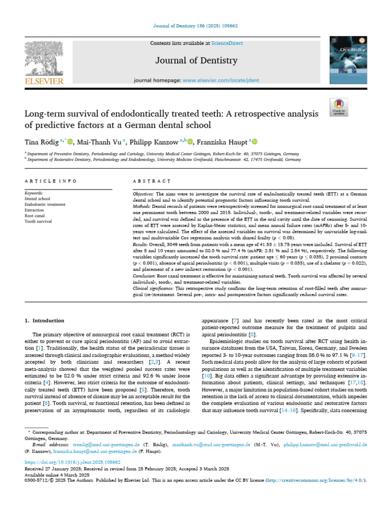 Long-term survival of endodontically treated teeth: A retrospective ...