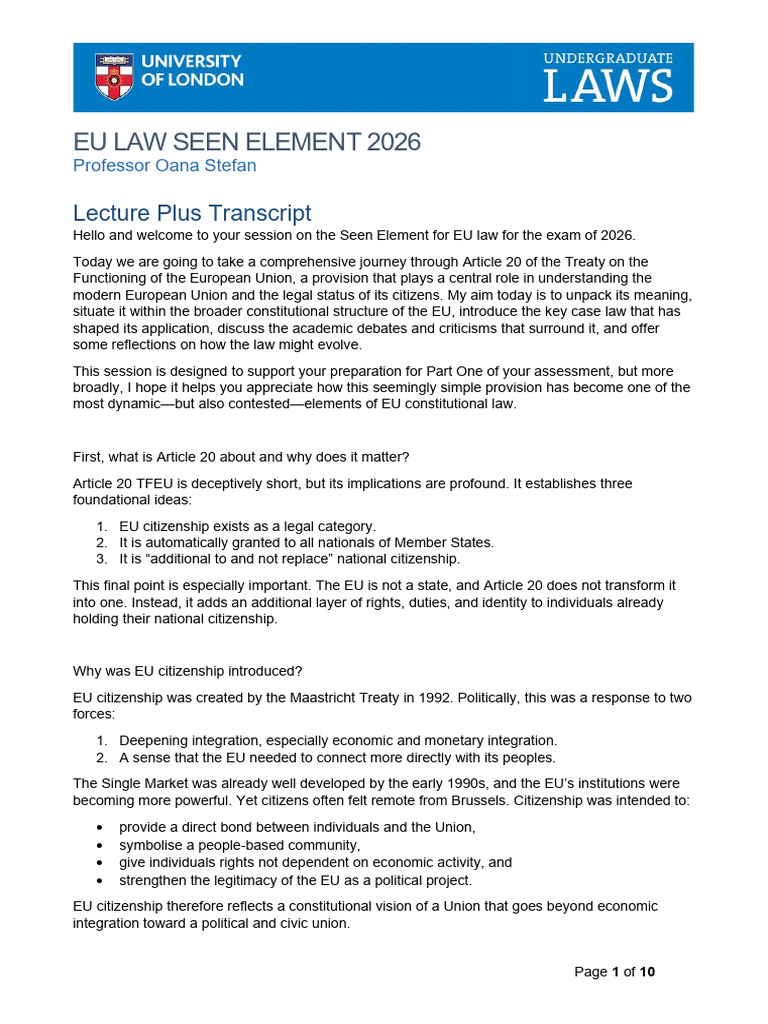 Transcript - Lecture Plus EU Law - Feb 26 | PDF | Citizenship | Nationality
