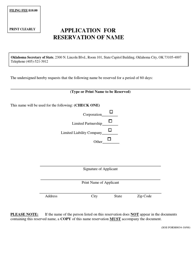 Oklahoma LLC Name Reservation PDF