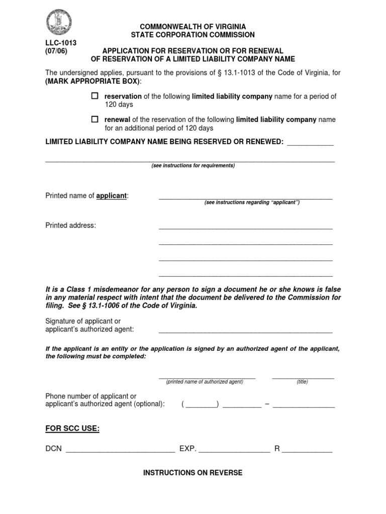 Virginia LLC Name Reservation | PDF | Limited Liability Company ...