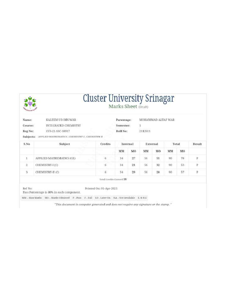 1st and 2nd Sem Marksheet | PDF
