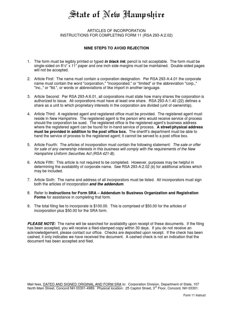 New Hampshire Articles of Incorporation PDF Partnership