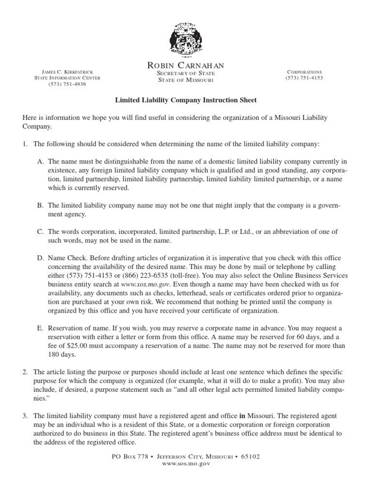 Missouri LLC Articles of Organization Limited Liability Company Registered Agent