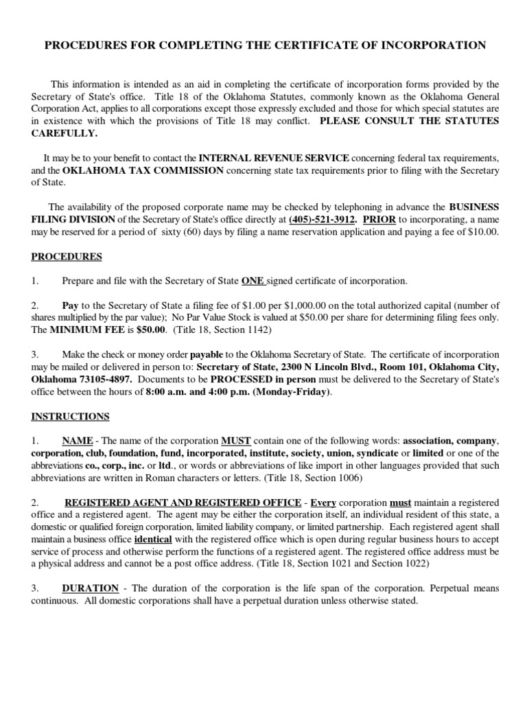 Oklahoma Articles of Incorporation | Registered Agent | Corporations