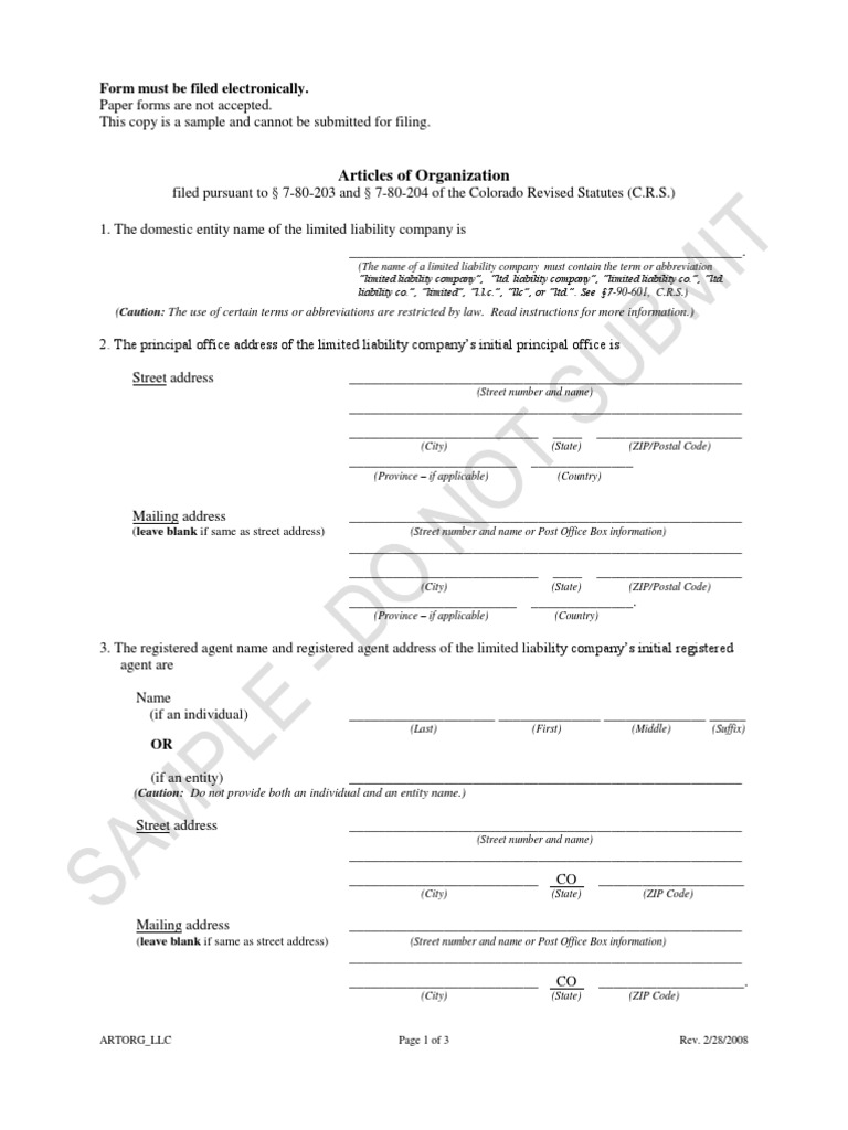 Colorado LLC Articles of Organization Limited Liability Company Zip