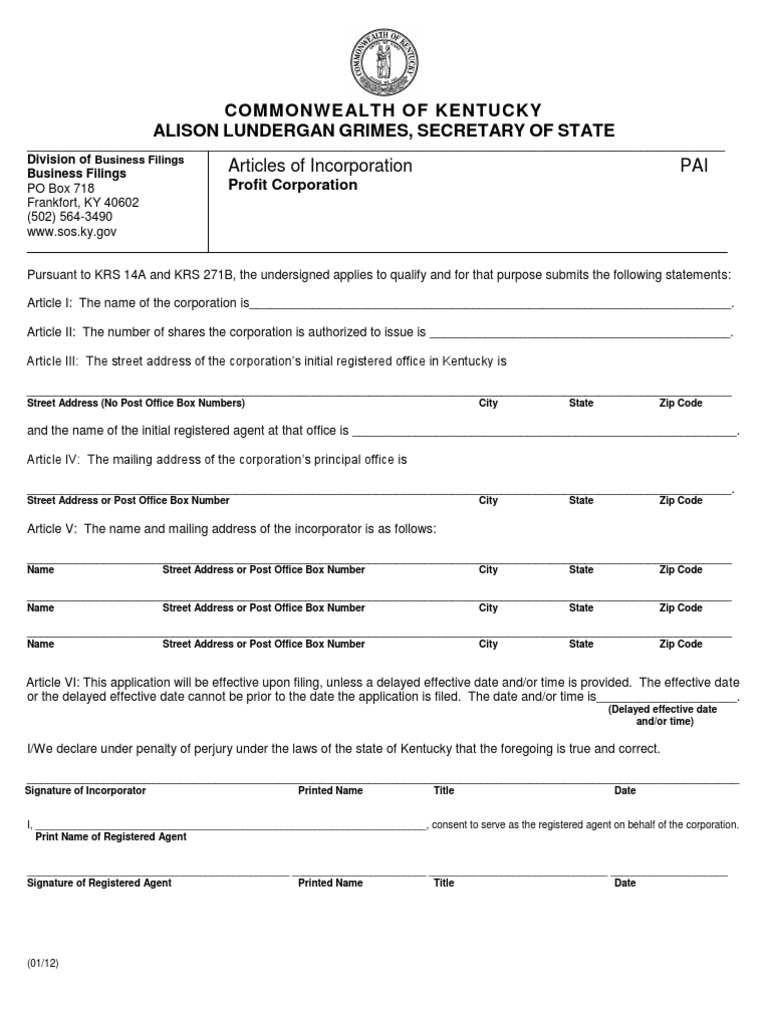 Kentucky Articles of Incorporation Registered Agent Post Office Box