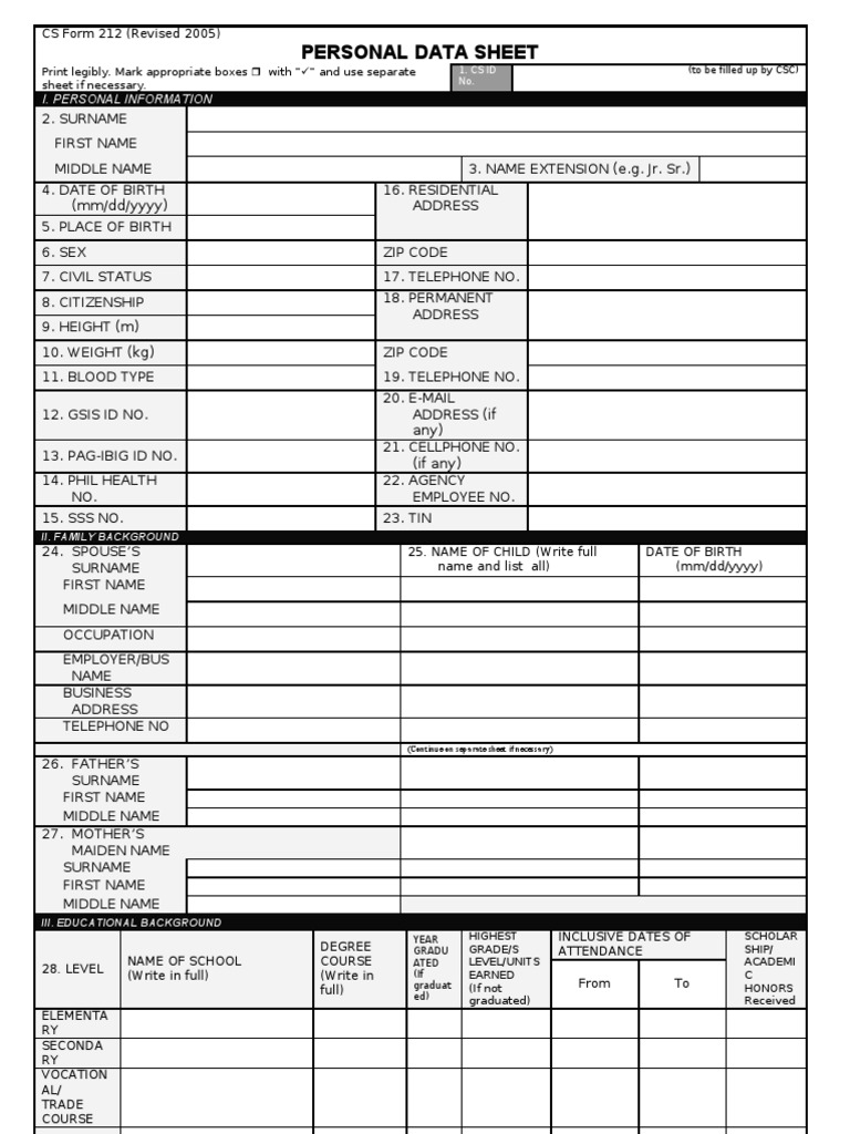 Pds cs form 212 revised 2005 personal data sheet government politics