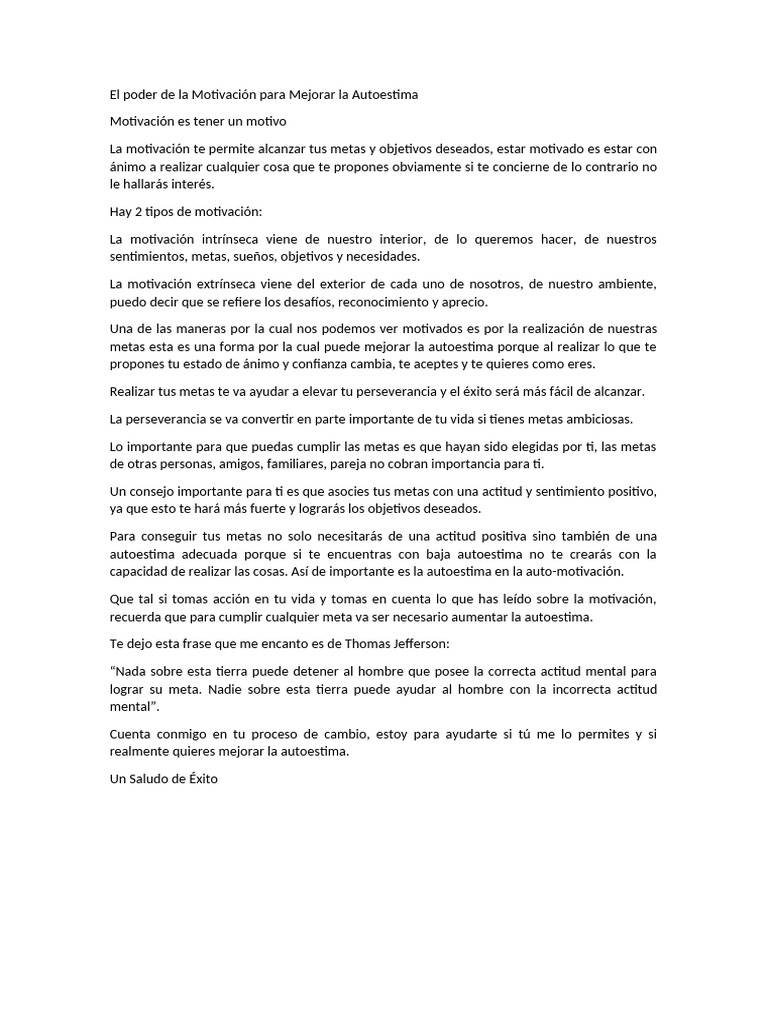 El Poder de La Motivación Para Mejorar La Autoestima | PDF