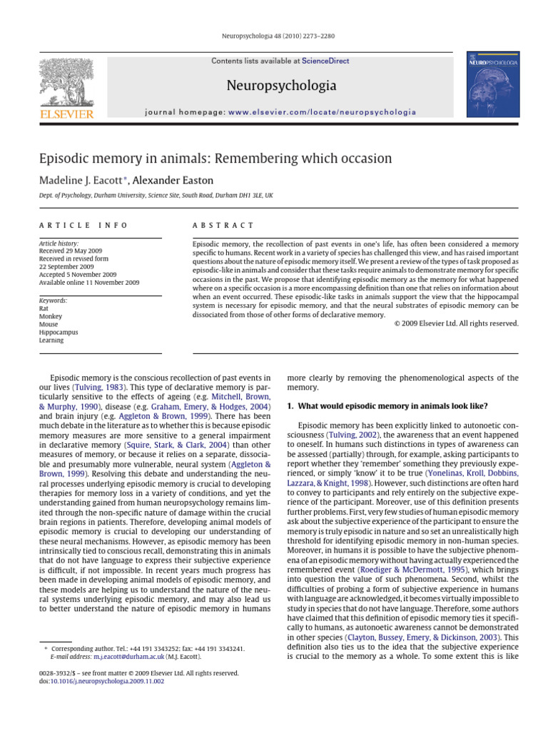 2010 Episodic memory in animals | PDF | Memory | Hippocampus