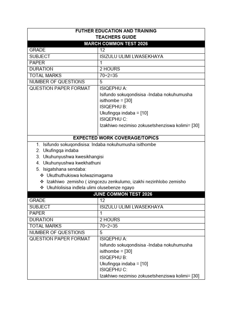 2026 Isizulu Home Grade 12 Scope | PDF