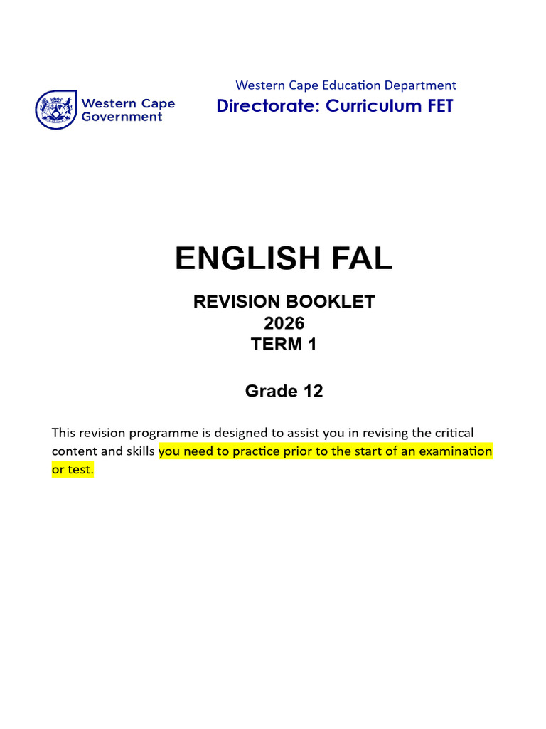 Grade 12 FAL revision booklet term 1 2026 | PDF