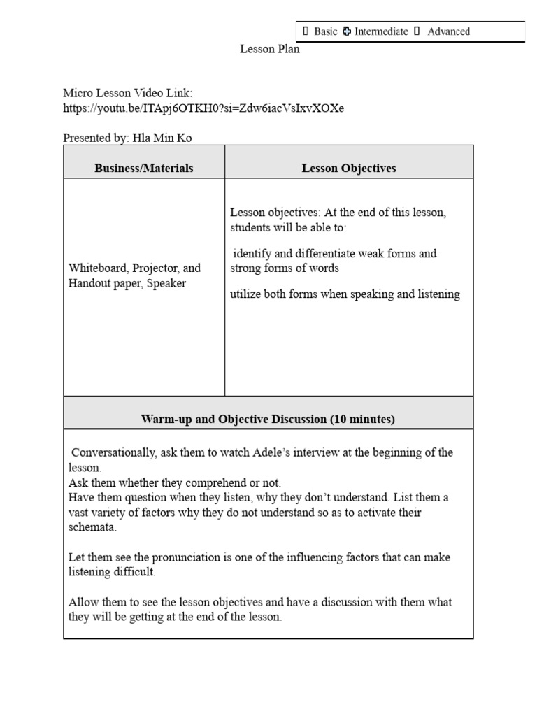 Lesson Plan with Micro lesson video for pronounciation based teaching | PDF