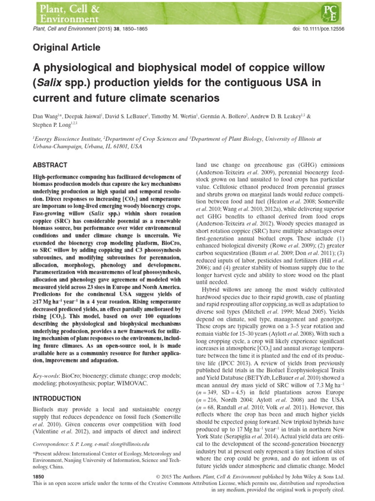 Plant Cell Environment - 2015 - WANG - A Physiological and Biophysical ...