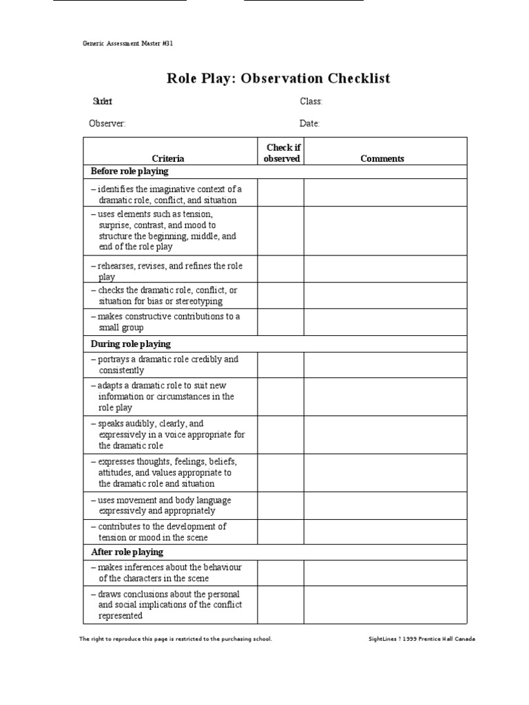 Role Play Observation Checklist | PDF