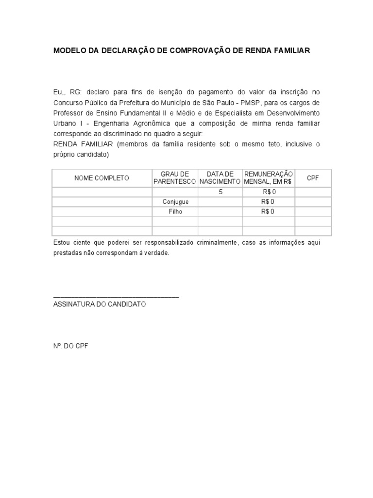 Modelo Da Declaração de Comprovação de Renda Familiar | PDF
