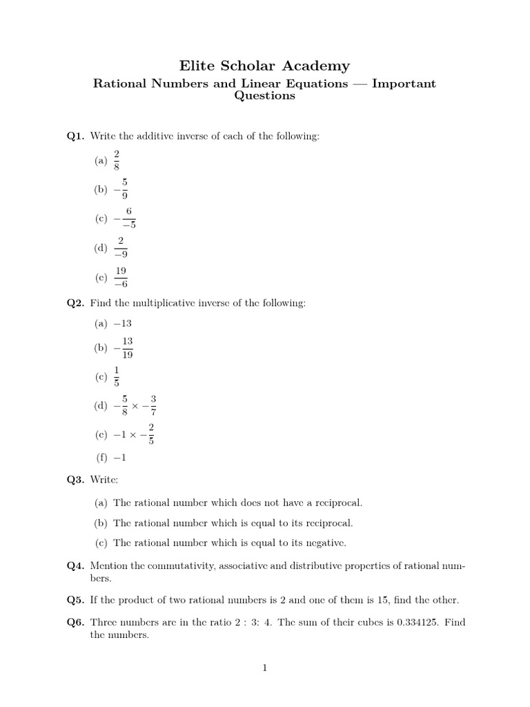 Rational Numbers and Linear Equations Important Questions | PDF
