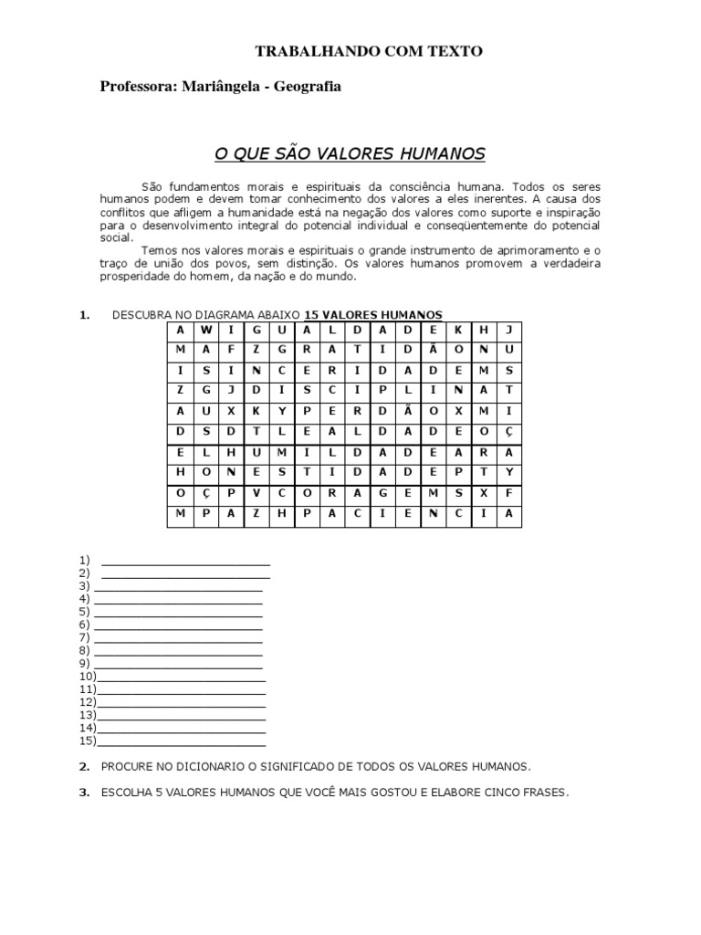 Atividade Com Texto Valores Humanos | PDF