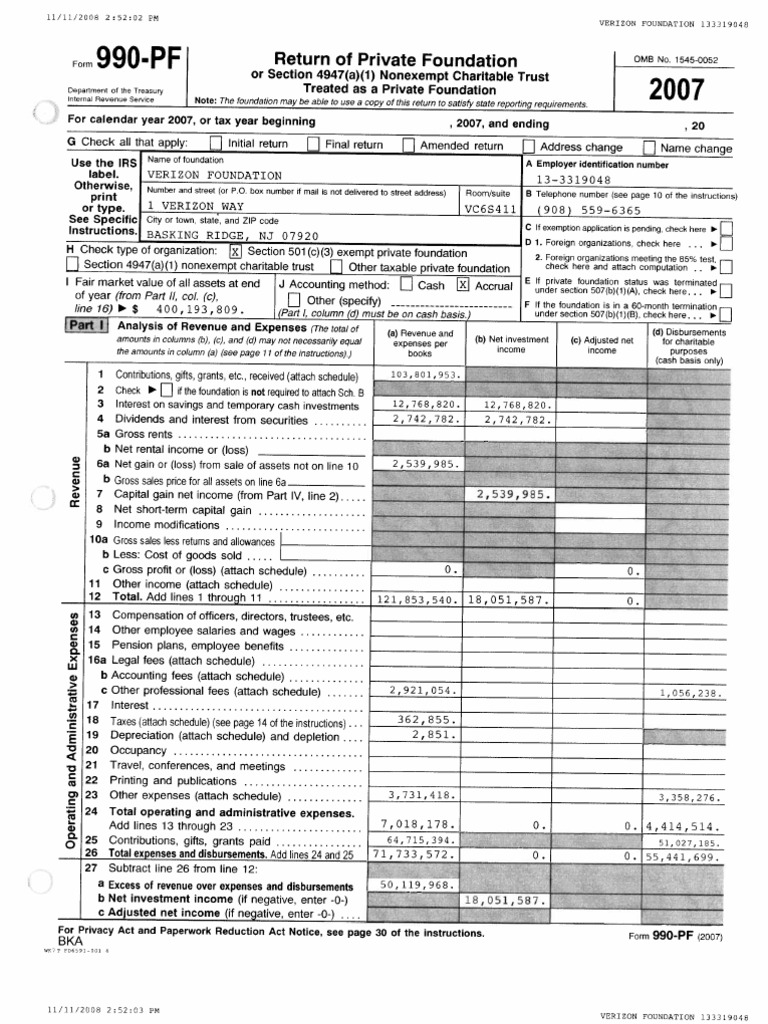 Verizon Foundation IRS 990 - Year 2007 | PDF | Charitable Organization |  Pennsylvania