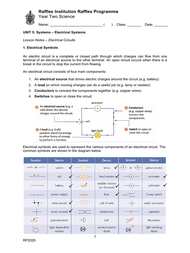 2025 Notes 1 - Electrical Circuits (Student) | PDF
