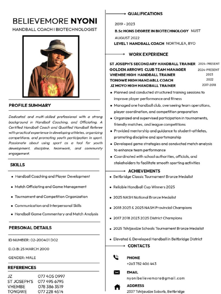Believemore Nyoni Handball Cv | PDF