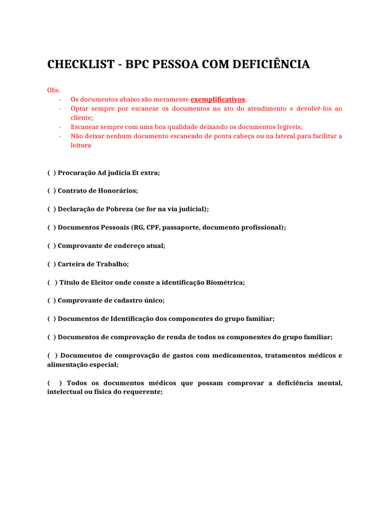 Checklist - Bpc Pessoa Com Deficiencia | PDF
