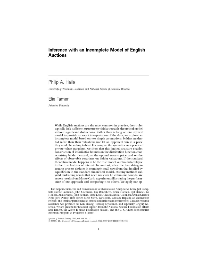 Inference with an Incomplete Model of English Auctions | PDF