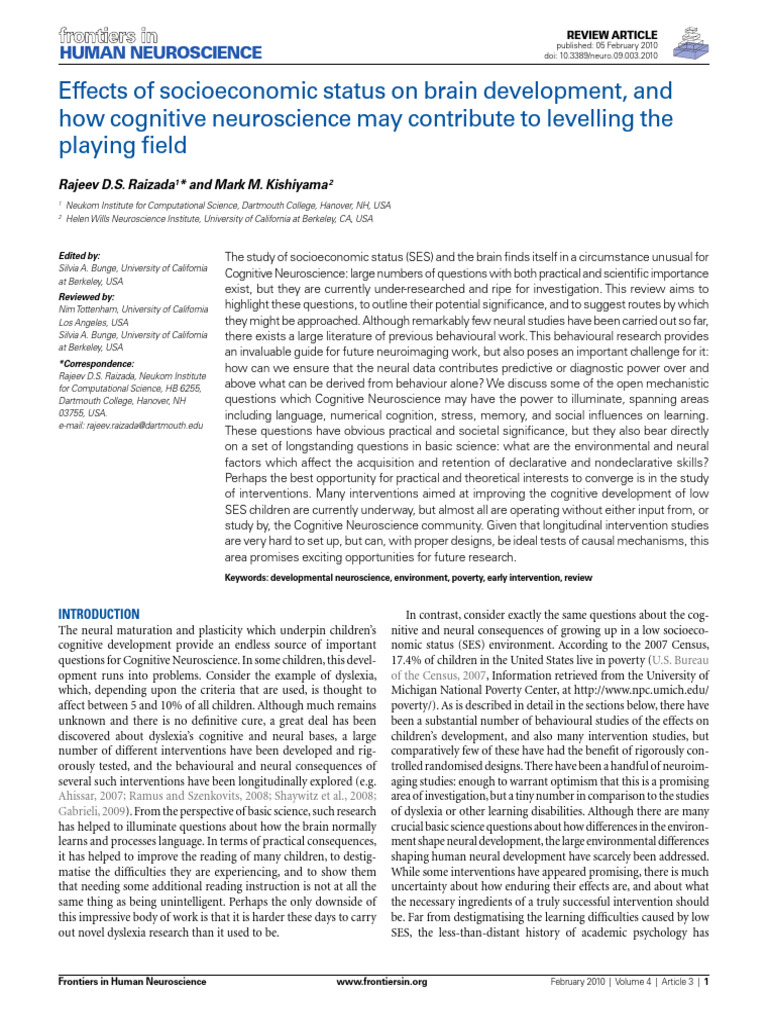 Raizada 2010 Effects of Socioeconomic Status on Brain | PDF | Cognition ...