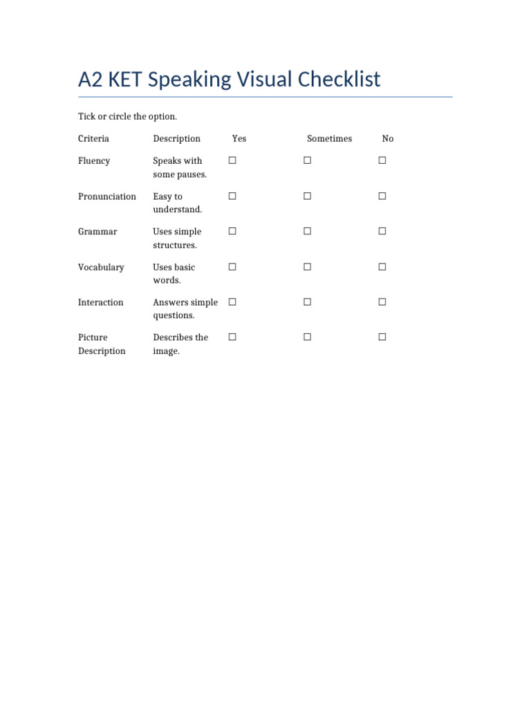 A2 KET Visual Checklist | PDF
