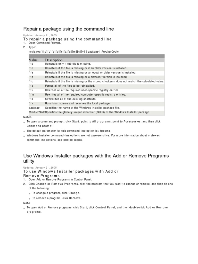 Windows Installer Repair A Package Using The Command Line | PDF