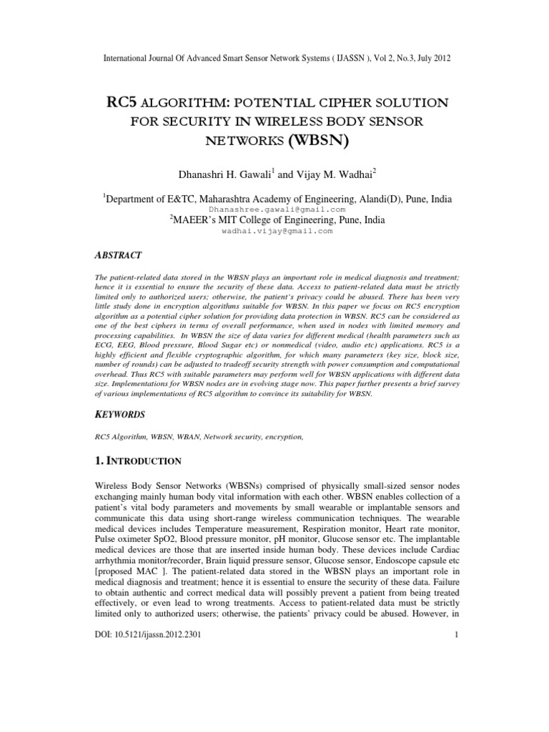 Rc5 Algorithm: Potential Cipher Solution For Security in Wireless Body ...