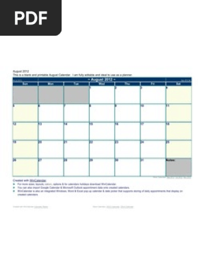 August 2012 Calendar