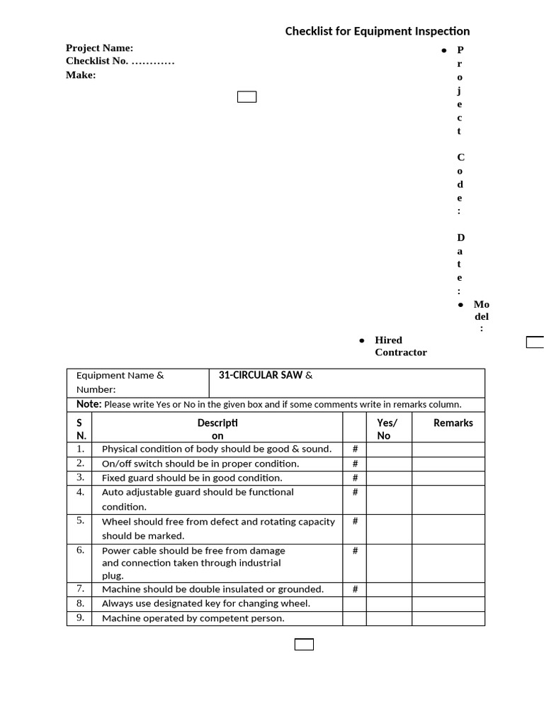 Checklist for Equipment Inspection Circular Saw | PDF