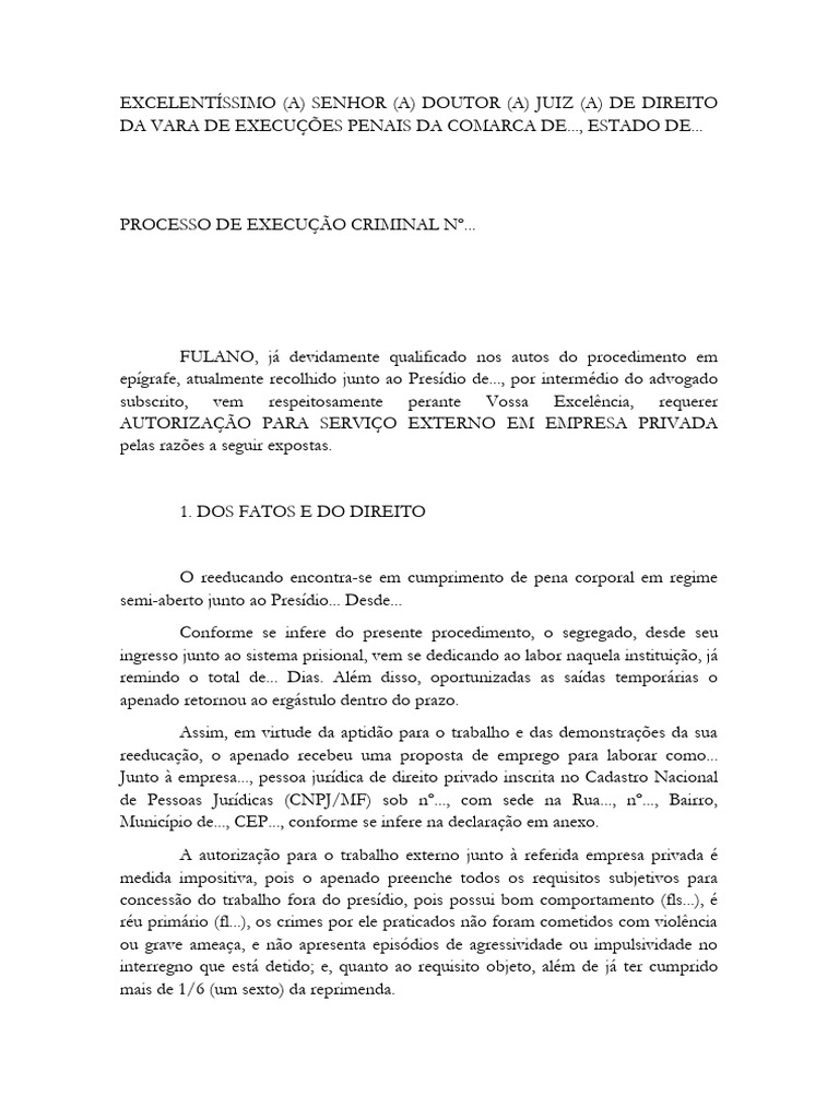 Pedido de Trabalho Externo - modelo 02 | PDF | Pena de morte | Advogado
