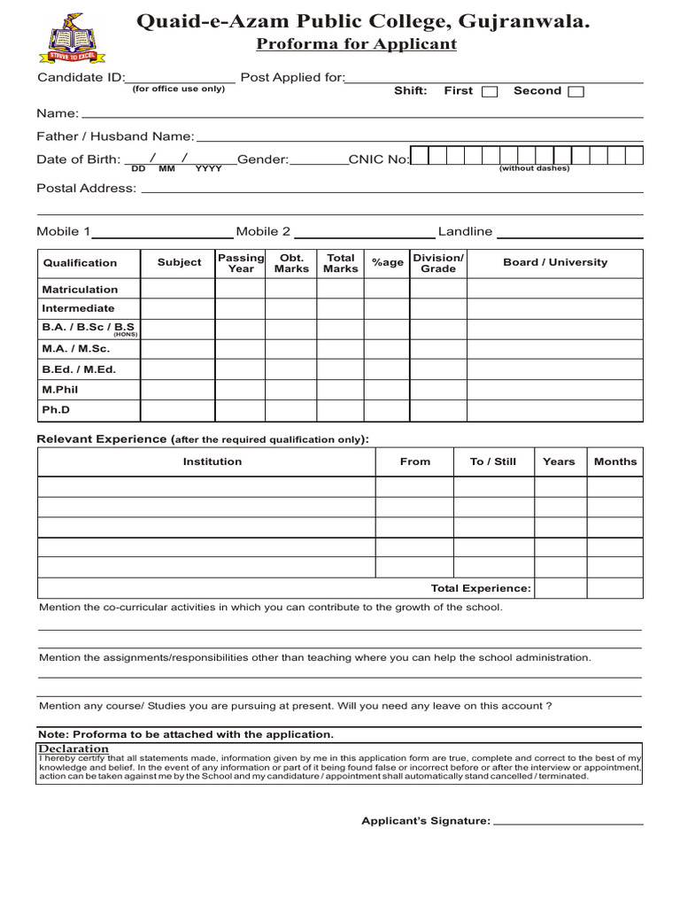 Applicant Proforma 1504 | PDF