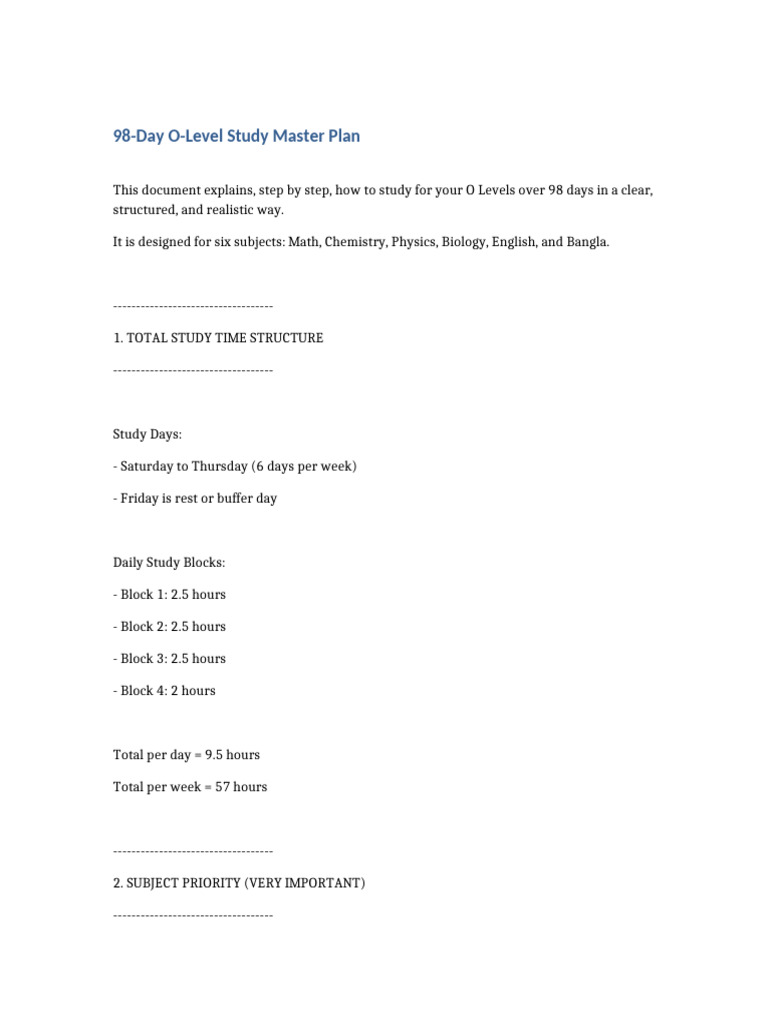 98 Day O Level Study Master Plan | PDF