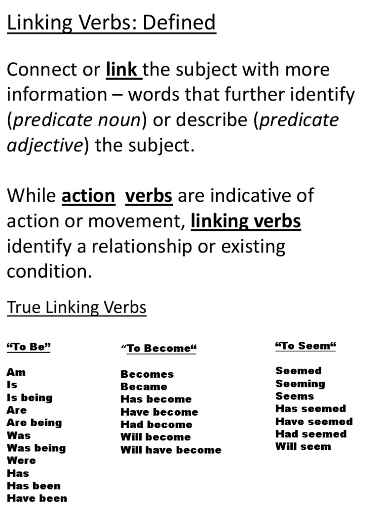 Linking Verbs Predicates PDF