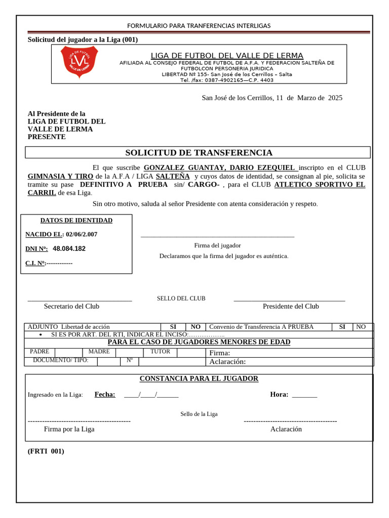 Form 01 Pase Inter Liga Modelo | PDF