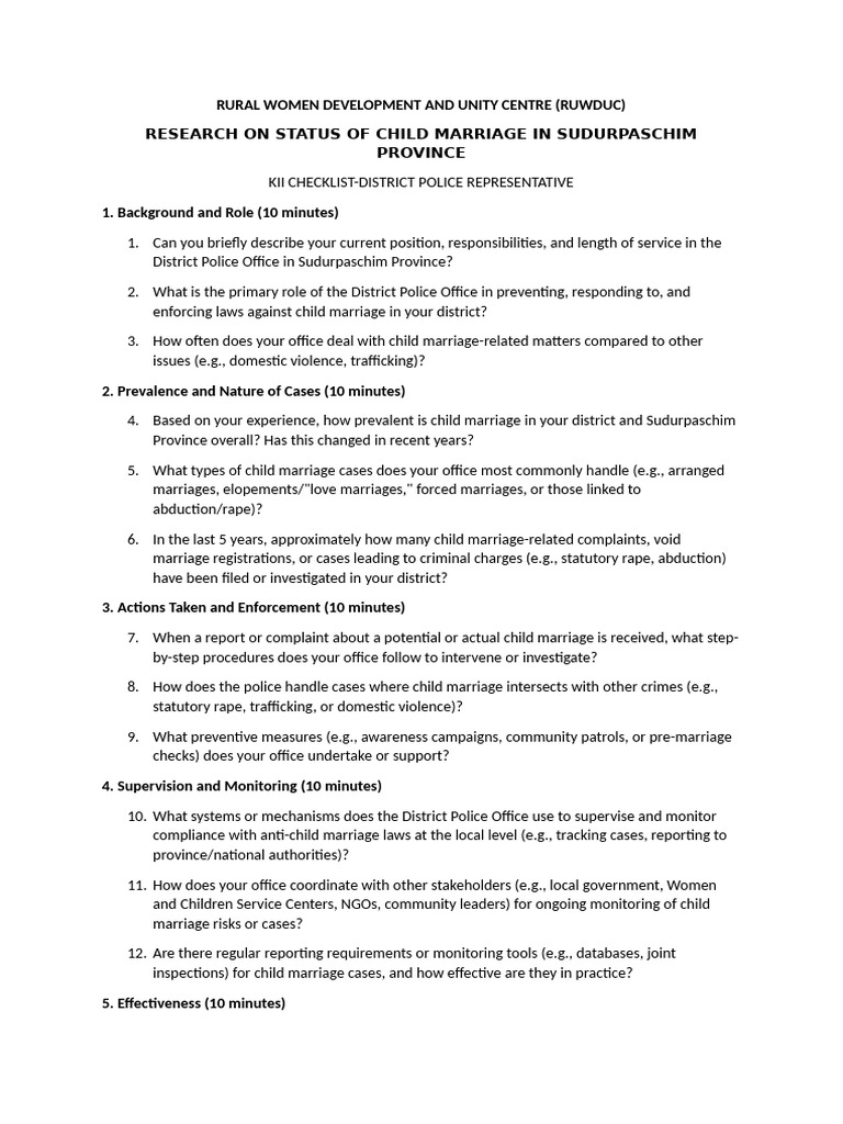 Checklist-KII-HEALTH WORKER REPRE D2(2) | PDF | Police | Marriage