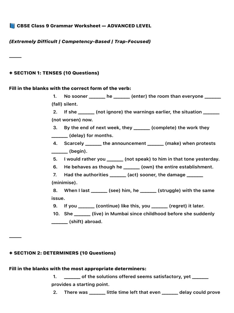 ? Cbse Class 9 Grammar Worksheet — Advanced Level 2 | PDF | Linguistics