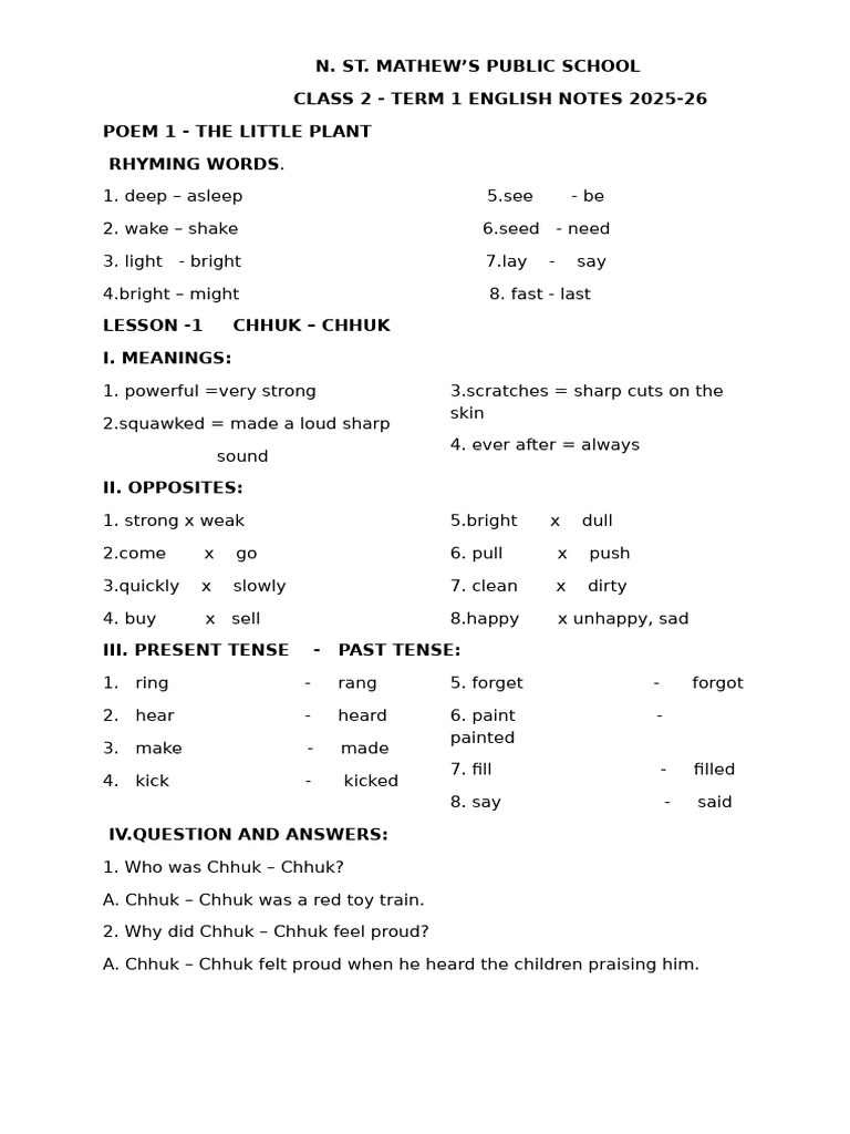 Class 2 Term 1 English Notes 2025 - 2026. | PDF