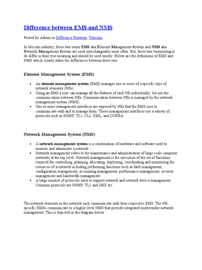EMS vs NMS in Telecom Management | PDF | Networking Standards ...