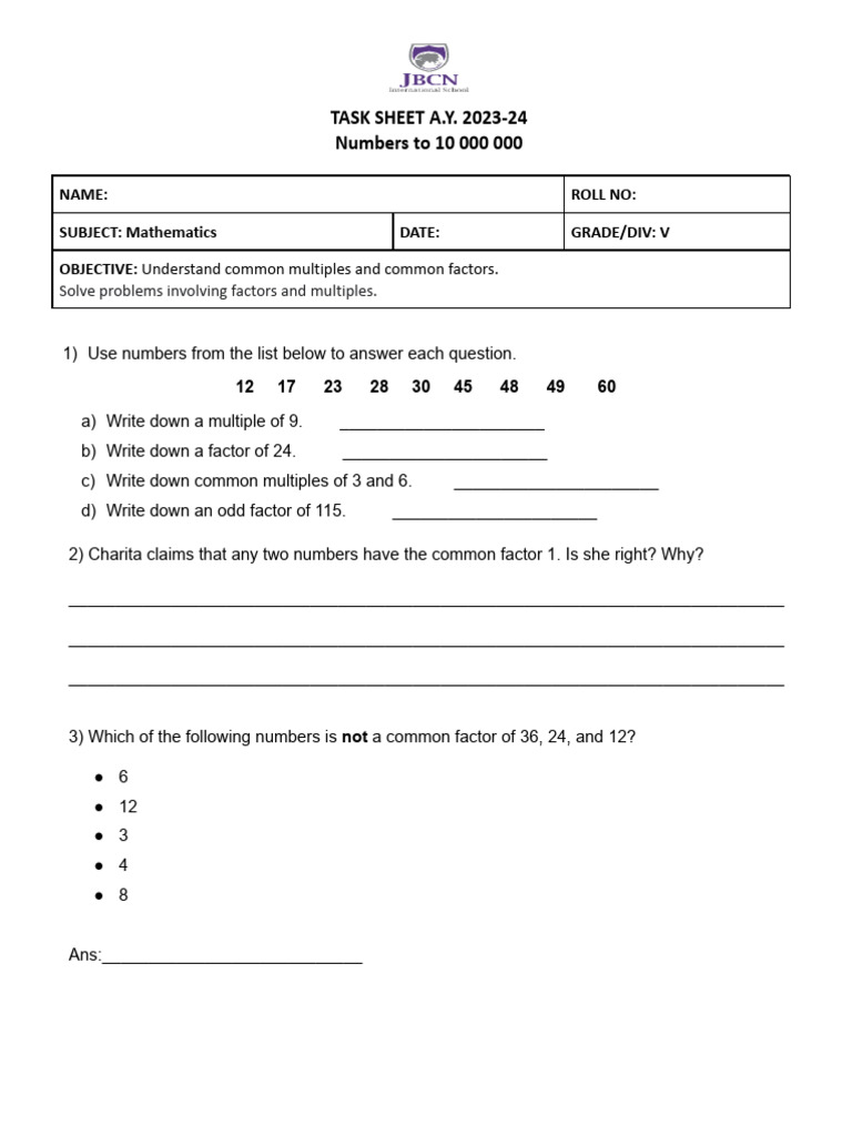 Practice Sheet 1 Whole Numbers | PDF | Mathematics