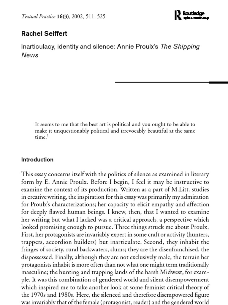 Inarticulacy, Identity and Silence Annie Proulx's The Shipping PDF