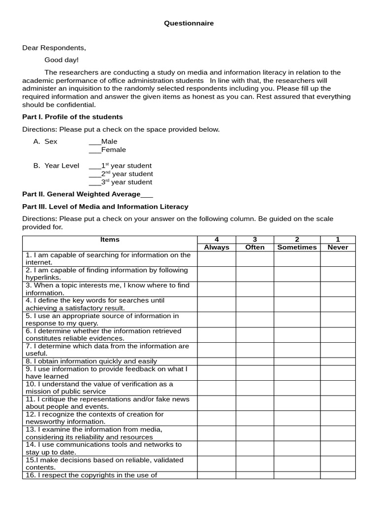 Questionnaire | PDF | Information | Human Communication