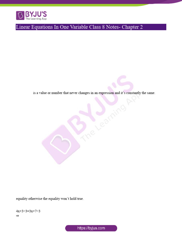 CBSE Class 8 Linear Equations in One Variable Notes | PDF