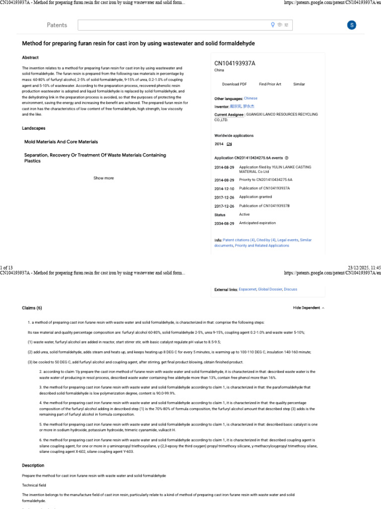 CN104193937A - Method for Preparing Furan Resin for Cast Iron by Using ...